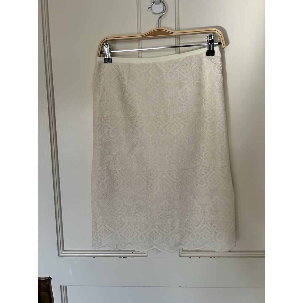 Tory Burch Floral Embroidered Lace Pencil Skirt Womens Size 4 Ivory Scallop